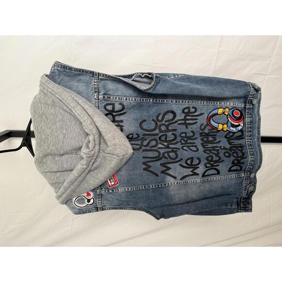 Women's Denim Vest with Gray Hood and Music-Themed Patches - Picture 2 of 5